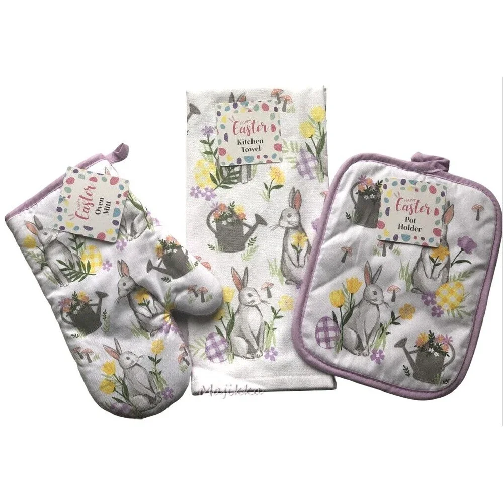 Easter Kitchen Dish Towel Potholder Oven Mitt Bunny Peter Cottontail Set of 3
